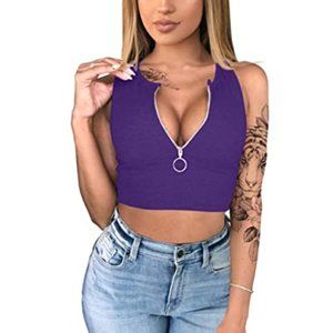YMDUCH Sexy Zip Front Racerback Basic Crop Top New